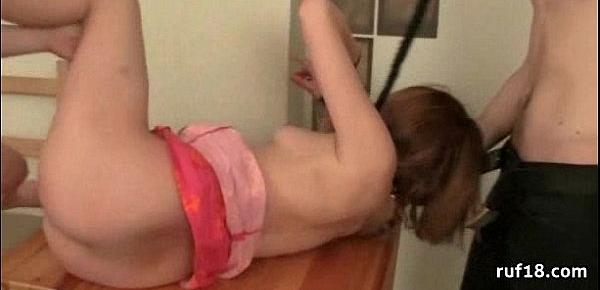  Teen Lucy in bondage is teased by horny guy